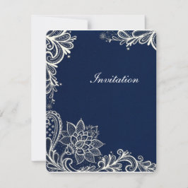 vintage vitt spetsmönster marinblå bröllop inbjudningar