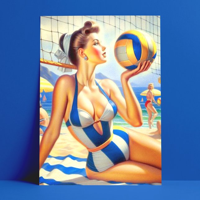 Vintage Volley Girl Illustration Vykort (Skapare uppladdad)