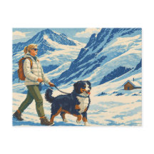 Vintage vykort för alpin bergswandring med hund