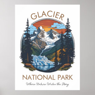 Vintage vykort för solnedgång i Glacier National P Poster