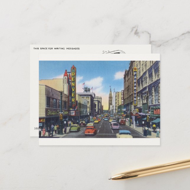 Vintage vykort från Downtown Denver - Nytryck (Fram/Back In Situ)