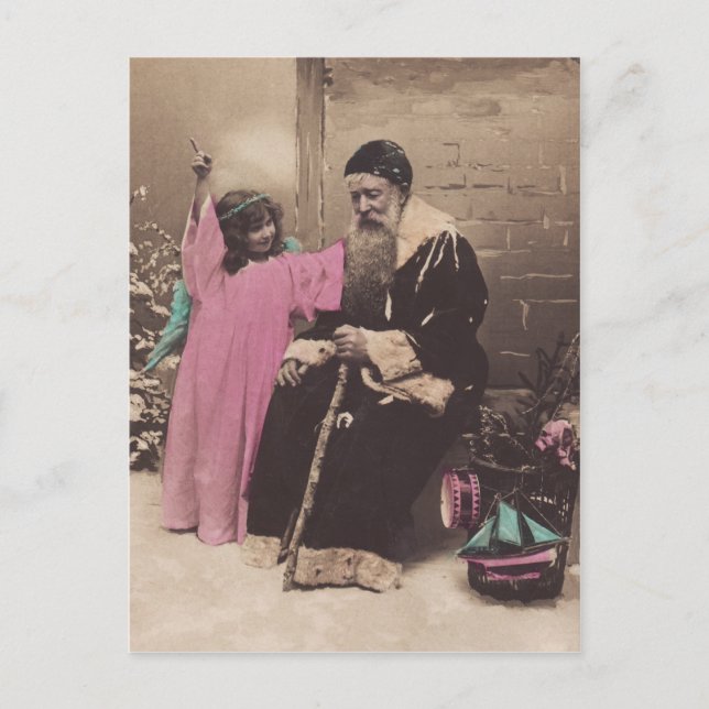 Vintage vykort Jultomten Pere Noel & Angel (Framsida)