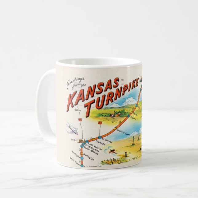 Vintage vykort Karta Kansas, Turnpike Mugg (Framsida vänster)