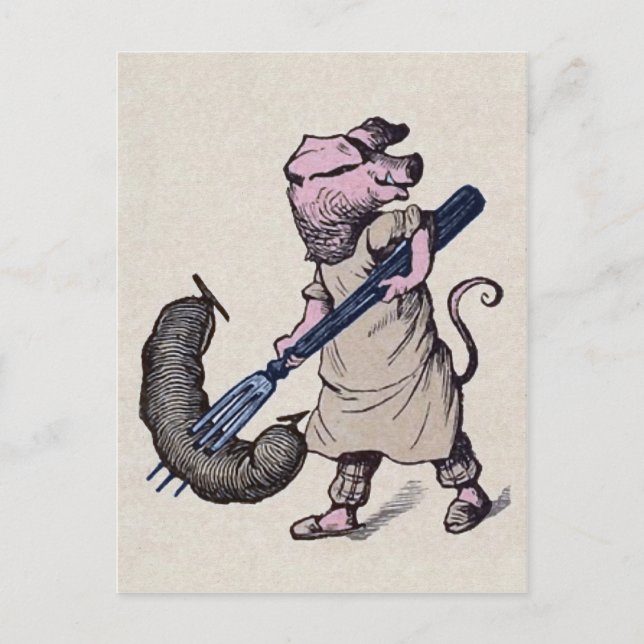 Vintage vykort med gris och korv (Framsida)