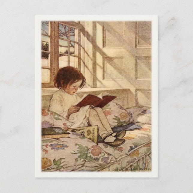 Vintage vykort med Sweet Girl Reading (Framsida)