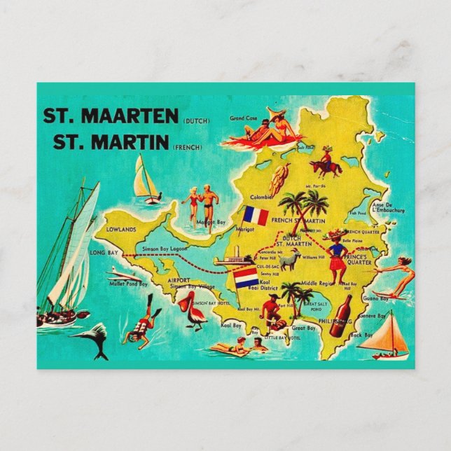 Vintage vykort över St Martin-ön karta (Framsida)