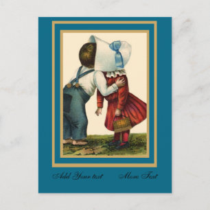 Vintage vykort söta barn som kysser teal