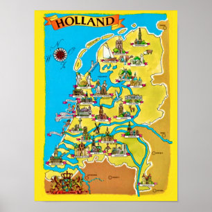 Vintage vykortskarta över Holland tryck