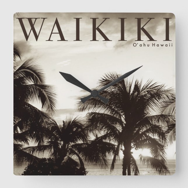 Vintage Waikiki Hawaiian Handflatan Fyrkantig Klocka (Framsida)
