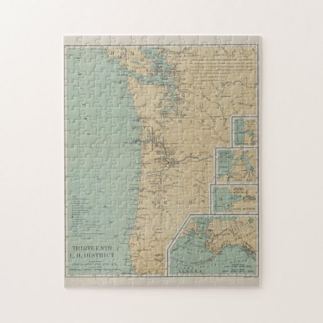 Vintage Washington & Oregon Lighthouse Karta (1898 Pussel (Vertikal)