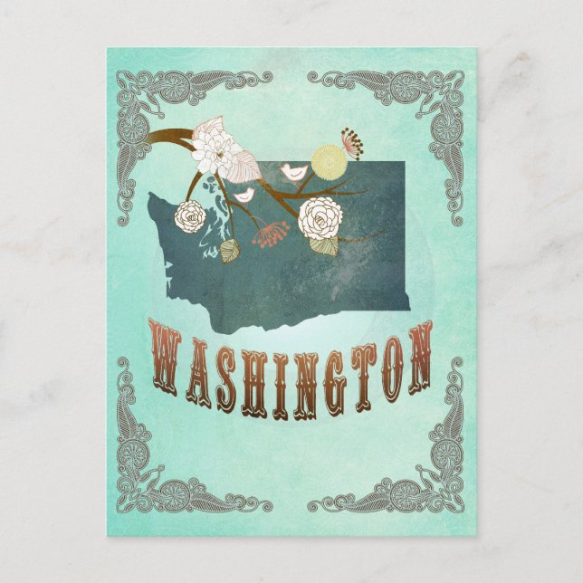 Vintage Washington State Karta - Turcos Blue Vykort (Framsida)