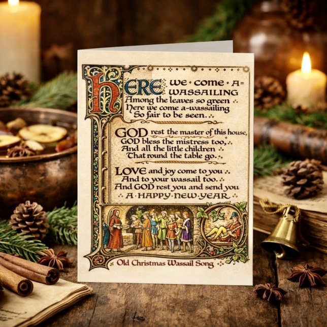 Vintage Wassail-sång Illuminerad manuskriptkonst Kort (Skapare uppladdad)