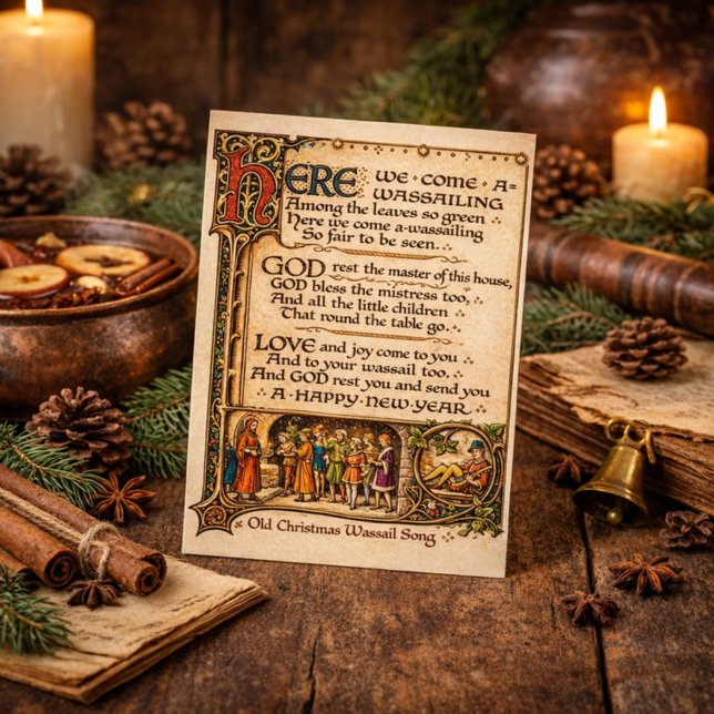 Vintage Wassail-sång Illuminerad manuskriptkonst Vykort (Skapare uppladdad)