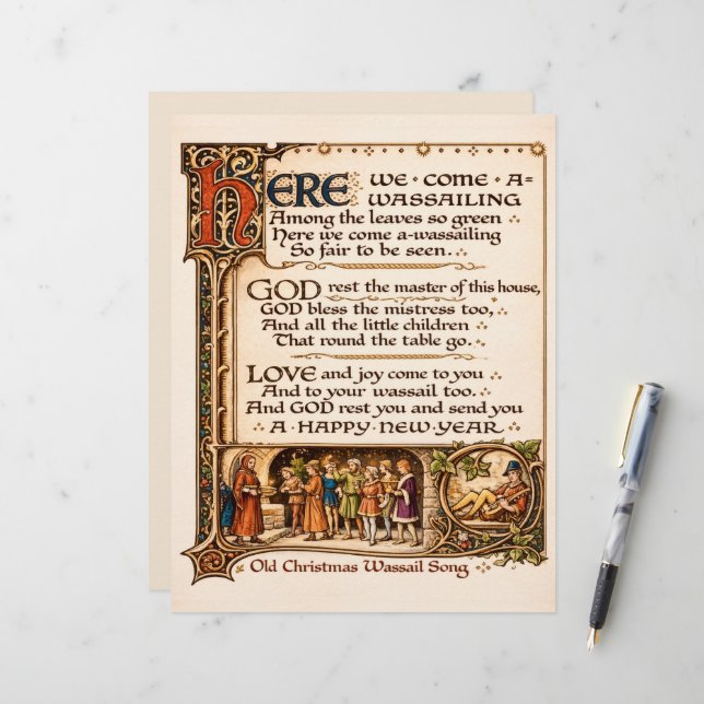 Vintage Wassail Song Illuminated Manuscript Art  Brevhuvud (Fram/Back In Situ)