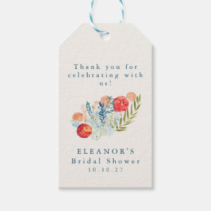 Vintage Watercolor Blå Röd Blommig Bröllopsdusch Presentetikett