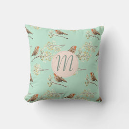 Vintage Watercolor European Robins med Monogram Kudde