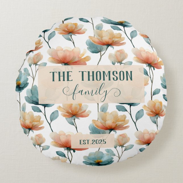 Vintage Watercolor Floral Family Heritage Rund Kudde (Framsidan)