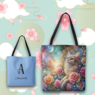 Vintage Watercolor Flowers och Cat Monogram Tygkasse
