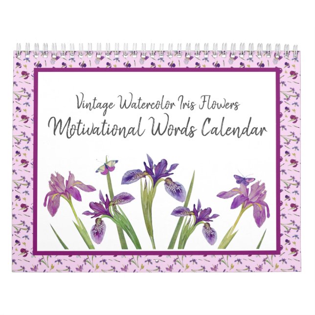 Vintage Watercolor Iris Flowers Motivational Ord Kalender (Omslag)