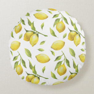 Vintage Watercolor Lemons och Greenery Mönster Rund Kudde