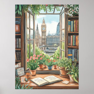Vintage Watercolor London Window Scene Poster