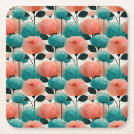 Vintage Watercolor Pink and Green Floral Underlägg Papper Kvadrat