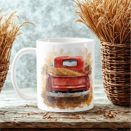 Vintage Watercolor Red Lastbil med Hay Rustic Farm Kaffemugg