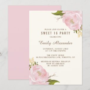 Vintage Watercolor Rosa Peonies Sweet sixteen Inbjudningar