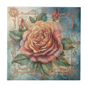 Vintage Watercolor Rosa ros med dekorativ Ram Kakelplatta