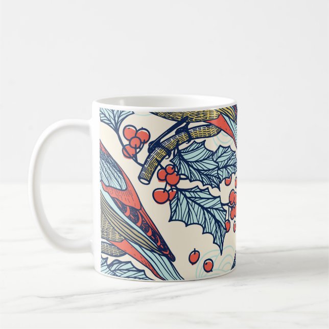 Vintage Waxwings Holly jul Mönster Kaffemugg (Vänster)