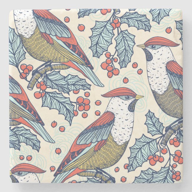 Vintage Waxwings Holly jul Mönster Stenunderlägg (Framsidan)