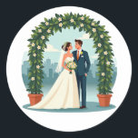 Vintage Wedding Couple Sticker  Runt Klistermärke<br><div class="desc">Elegant cartoon illustration of a bride and groom under a floral arch with a city skyline backdrop,  perfect for wedding celebrations.</div>