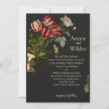 Vintage wedding invitation with a dark floral patt