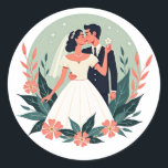 Vintage Wedding Kiss Sticker Runt Klistermärke<br><div class="desc">Adorable vintage-style sticker featuring a bride and groom sharing a kiss,  surrounded by floral elements for romantic occasions.</div>