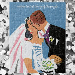 Vintage Wedding, Retro Bride and Groom Kissing Pussel<br><div class="desc">Easy to customize puzzle, just add your own special message! Vintage illustration love and romance image featuring a bride and groom kissing at their wedding ceremony. The man is wearing a tuxedo and the woman is wearing a traditional wedding gown with a veil and holding a bouquet of flowers. The...</div>