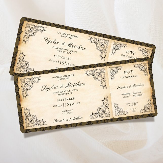 Vintage Wedding Ticket RSVP Baroque Inbjudningar (Vintage Wedding Ticket RSVP Baroque Invitation)