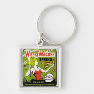 Vintage Weeki Wachee kvadrerar (liten) keychain, Fyrkantig Silverfärgad Nyckelring