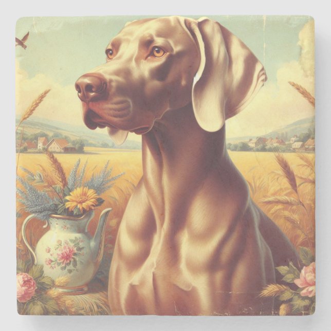 Vintage Weimaraner-målning Stenunderlägg (Framsidan)