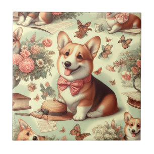 Vintage Welsh Corgi Cardigan Illustration Kakelplatta