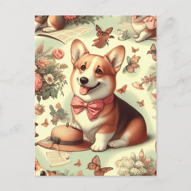 Vintage Welsh Corgi Cardigan Illustration Vykort (Framsida)