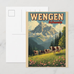 Vintage WENGEN skidort Schweiz Schweiziska Alperna Vykort