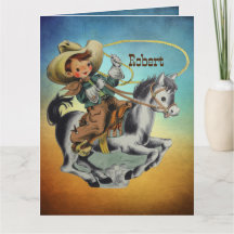 Vintage Western Cowboy Kid on Horse med Rope