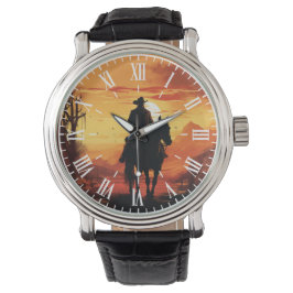 Vintage Western Cowboy Sunset Roman Men's Leather Armbandsur