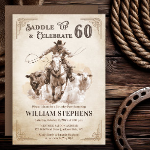 Vintage Western Cowboy Vuxen 60-års Födelsedagsfes Inbjudningar