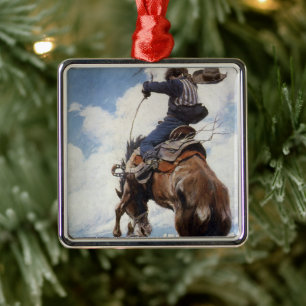 Vintage Western Cowboys, Bucking av NC Wyeth Julgransprydnad Metall