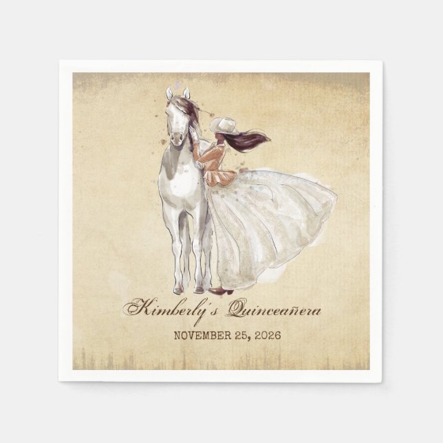 Vintage Western Cowgirl and Horse Quinceanera Pappersservett (Framsidan)