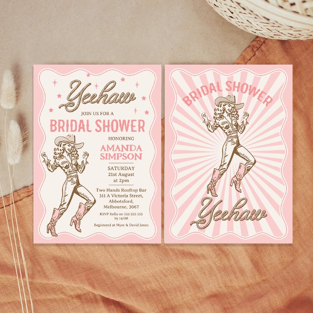 Vintage Western Cowgirl Bröllopsdusch Inbjudan (Vintage Cowgirl Bridal Shower Invitation, Western Bridal Shower Invitation, Pink Brown, Rope Text, )