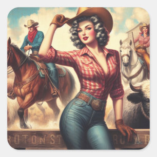 Vintage Western Cowgirl Fyrkantigt Klistermärke