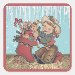 Vintage Western Cowgirl Kid och julklapp Fyrkantigt Klistermärke