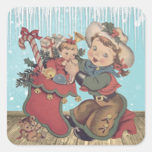 Vintage Western Cowgirl Kid och julklapp Fyrkantigt Klistermärke